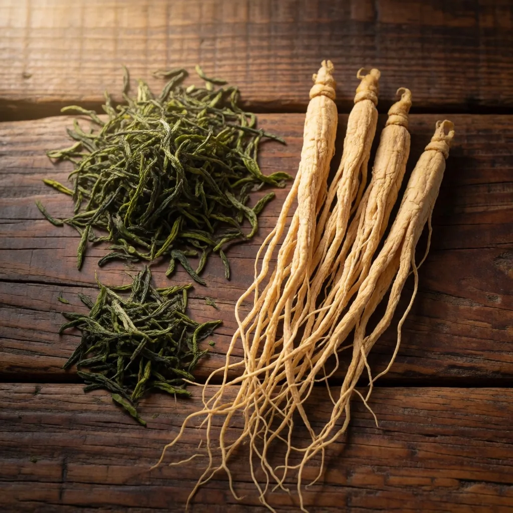Dried ginseng and sencha on wood