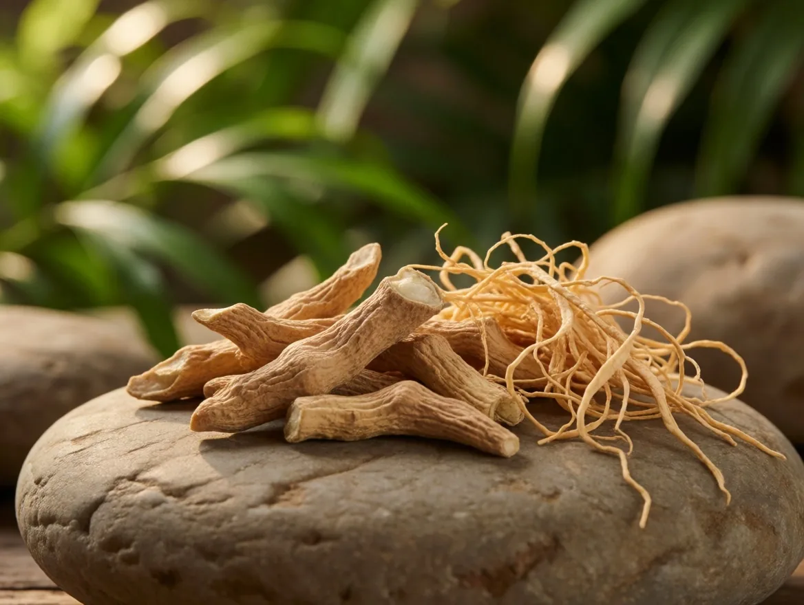 Ashwagandha root and ginseng specimens on stone