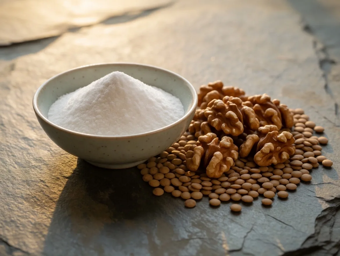 BCAA and protein sources on a stone slab