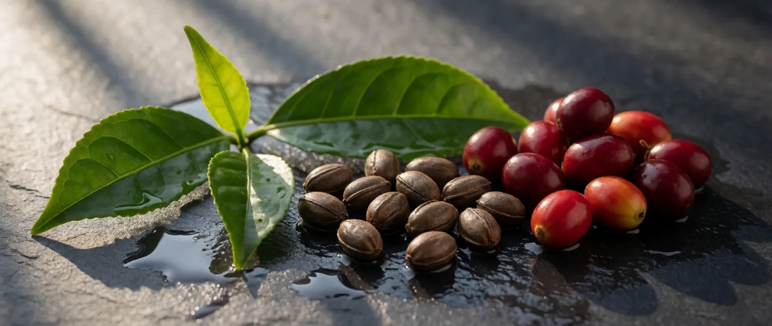 Green tea leaves, guarana seeds, and coffee berries on dark stone