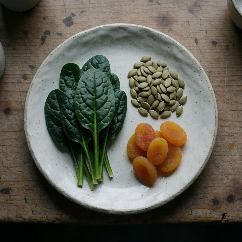 Iron-rich foods arranged on a ceramic plate