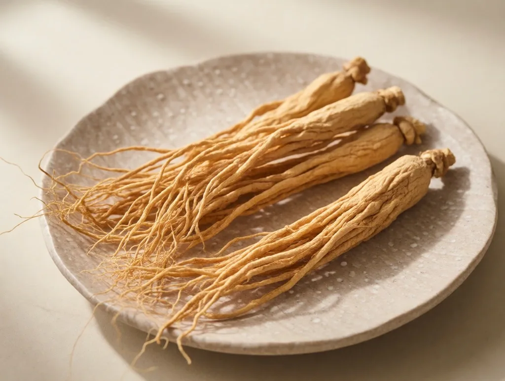 Dried ginseng roots on a stone plate