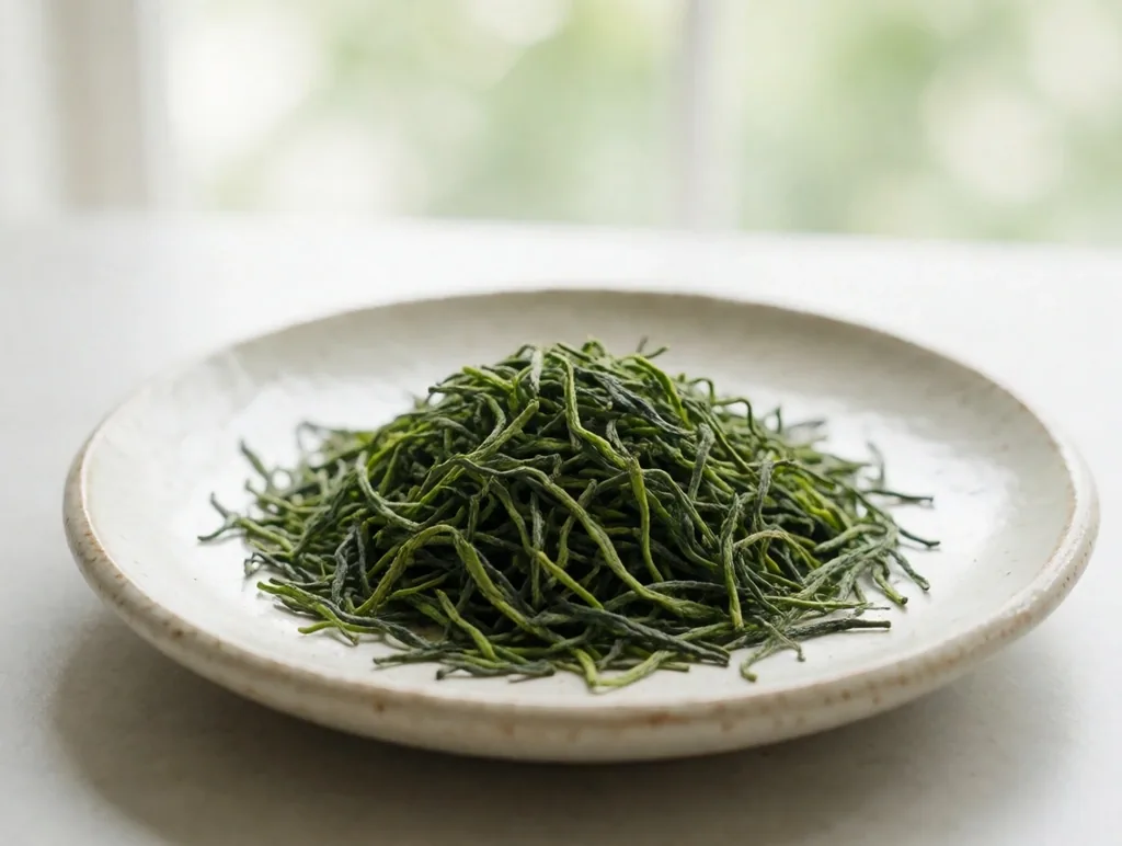 Green sencha tea leaves on a ceramic plate