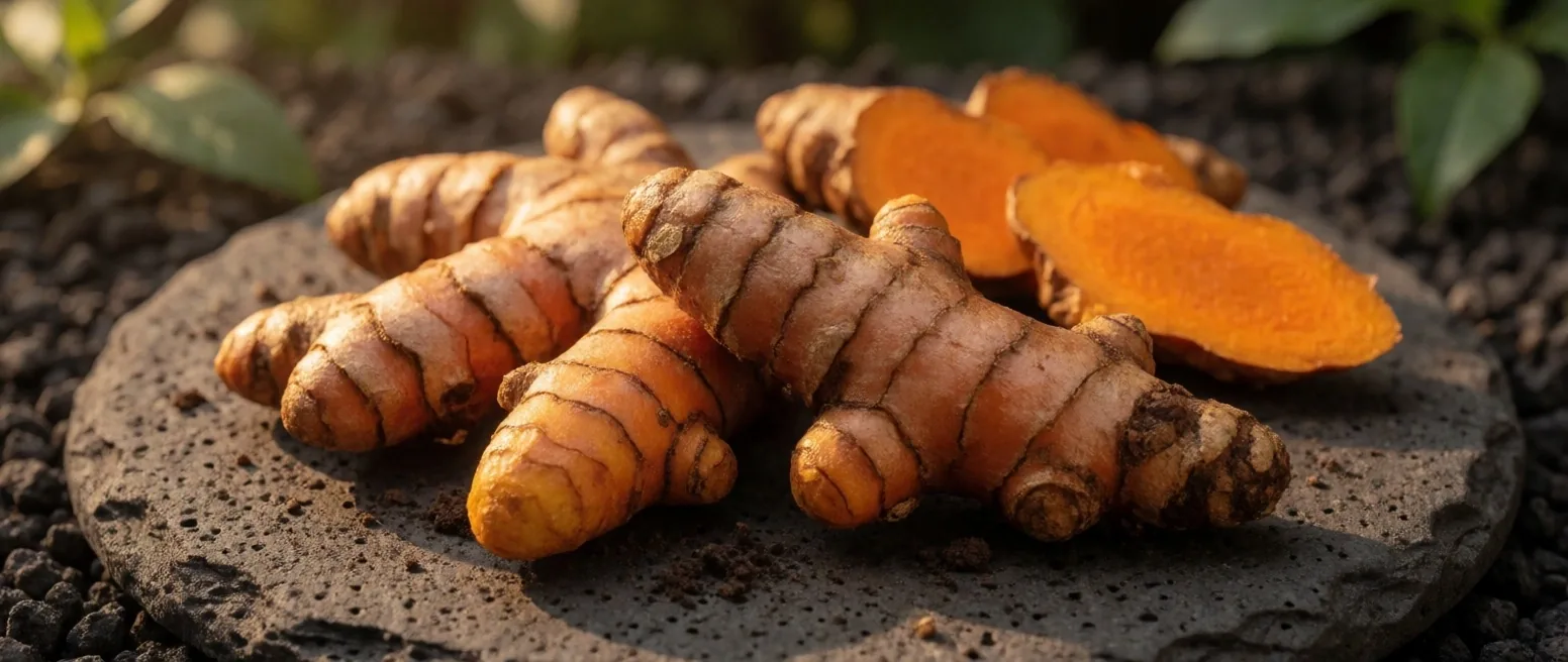 Temulawak and turmeric rhizomes photographed on a stone surface in warm morning light