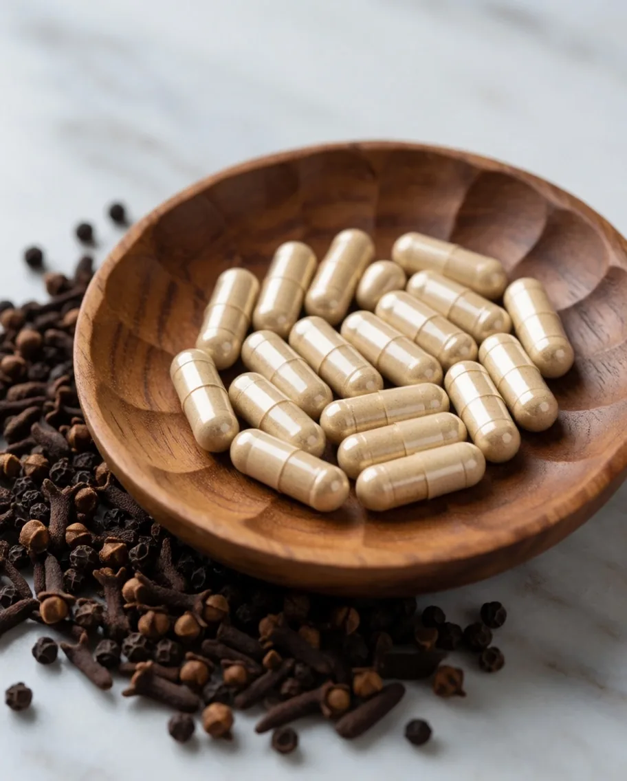 Natural supplement capsules arranged with botanical ingredients