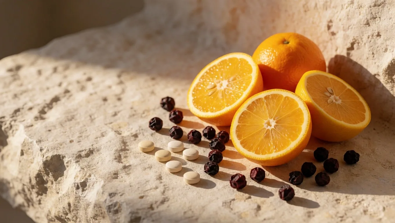Citrus, elderberries, and zinc tablets arranged on stone
