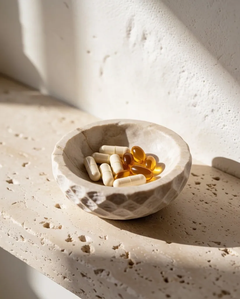 Daily vitality supplement capsules arranged on cream paper