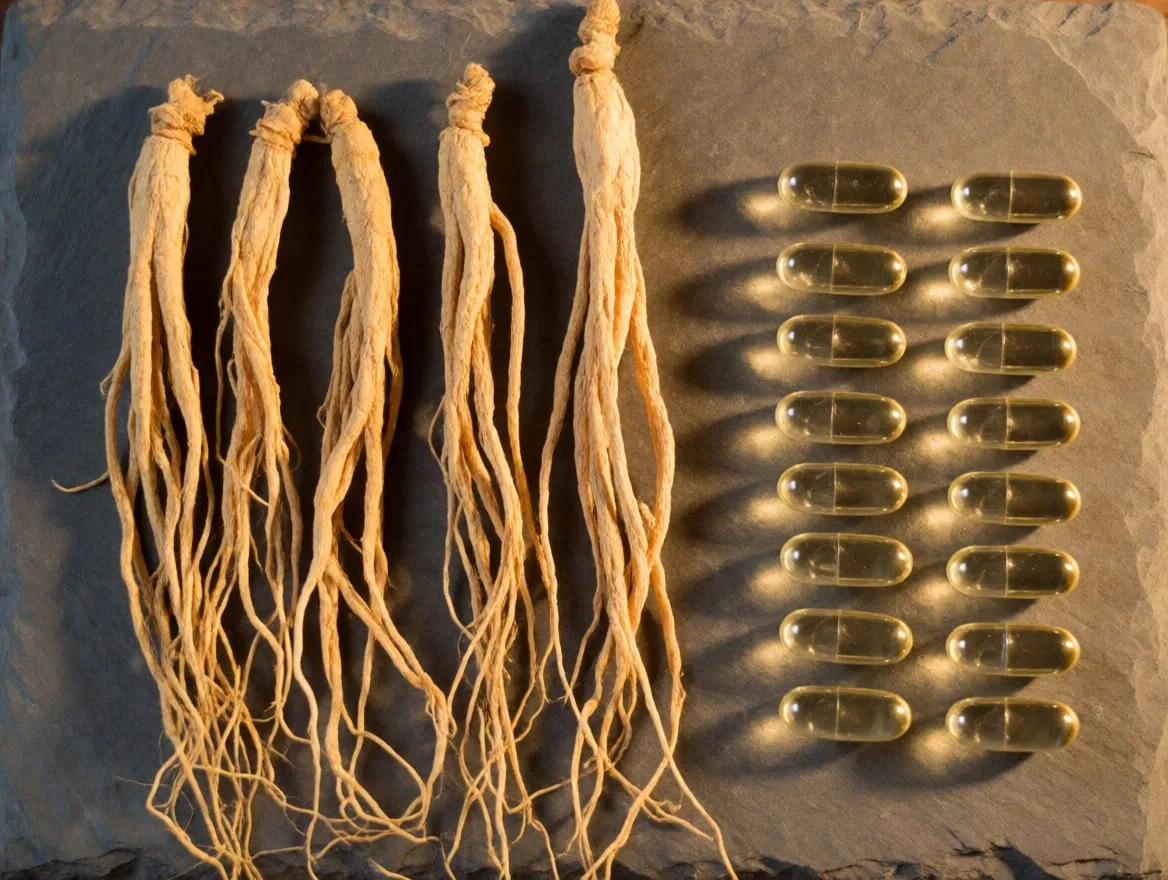 Ginseng root strands and empty gelatin capsules on a stone surface
