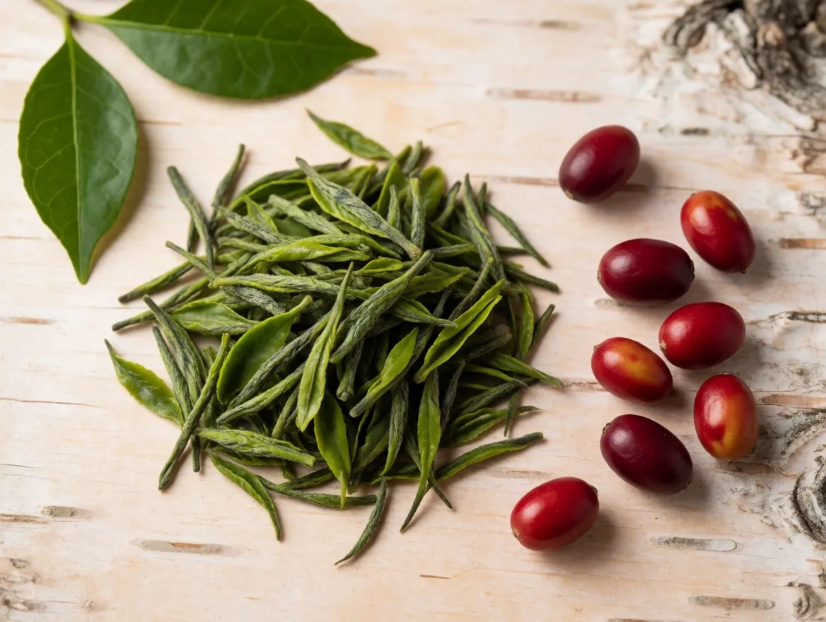 Green sencha leaves and coffee berries arranged as a botanical specimen