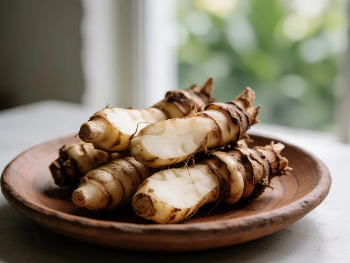 Temulawak and turmeric rhizomes photographed as a botanical specimen on stone